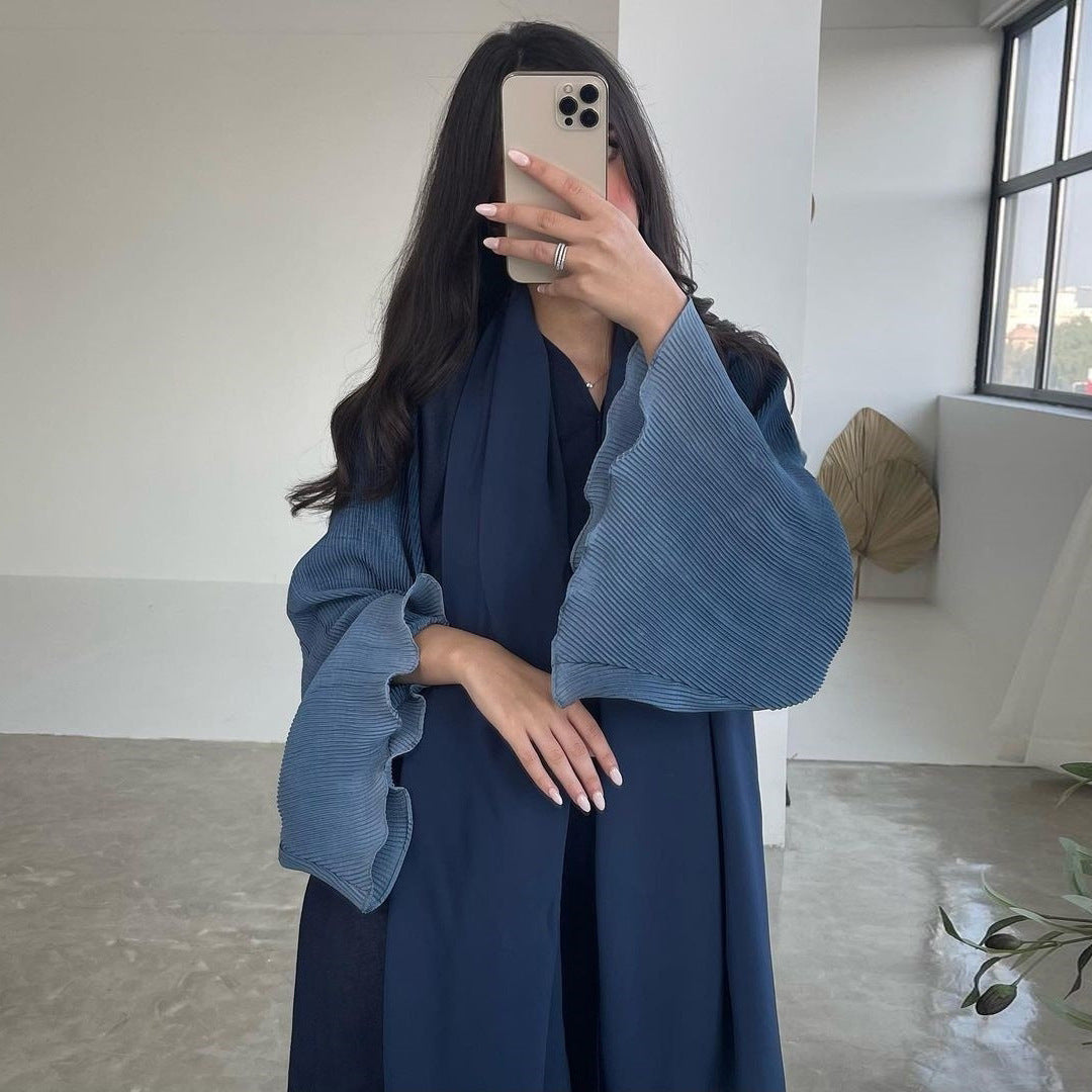 Arabian Dubai Chiffon Pleated Flared-Sleeve Color-Block Coat For Women