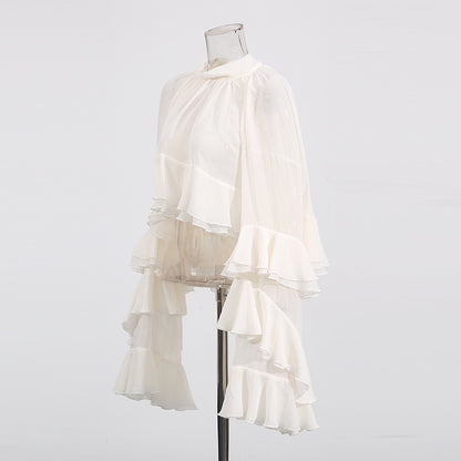 Fashion Casual Long Sleeve Layered Ruffled Short Chiffon Shirt