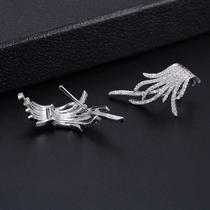 Fashion Feather Ear Clip Inlaid Zircon Earrings