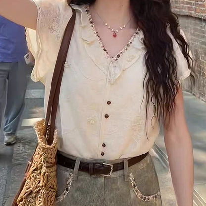 Petite Anti-Aging V-Neck Lace Short Sleeve Blouse For Women