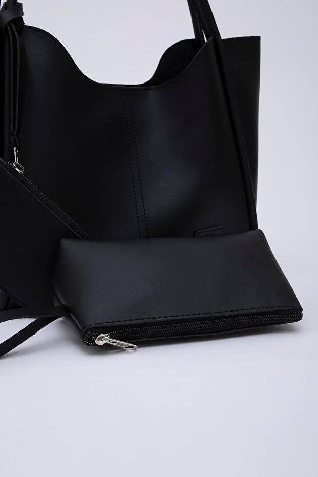 Black SHK108 Faux Leather Women Hand And Shoulder Bag With Wallet And Makeup Bag