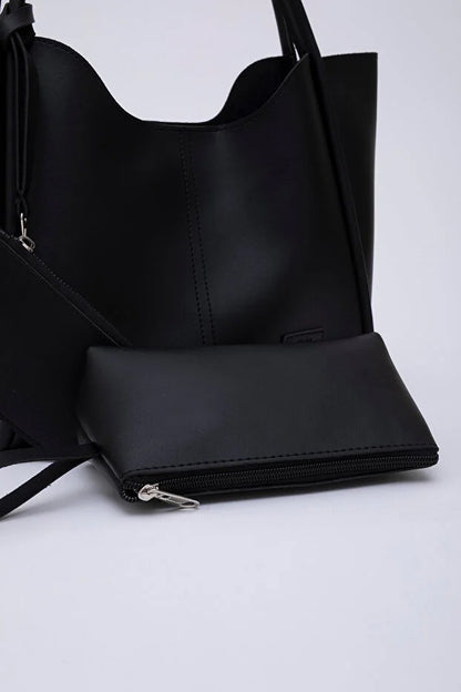 Black SHK108 Faux Leather Women Hand And Shoulder Bag With Wallet And Makeup Bag