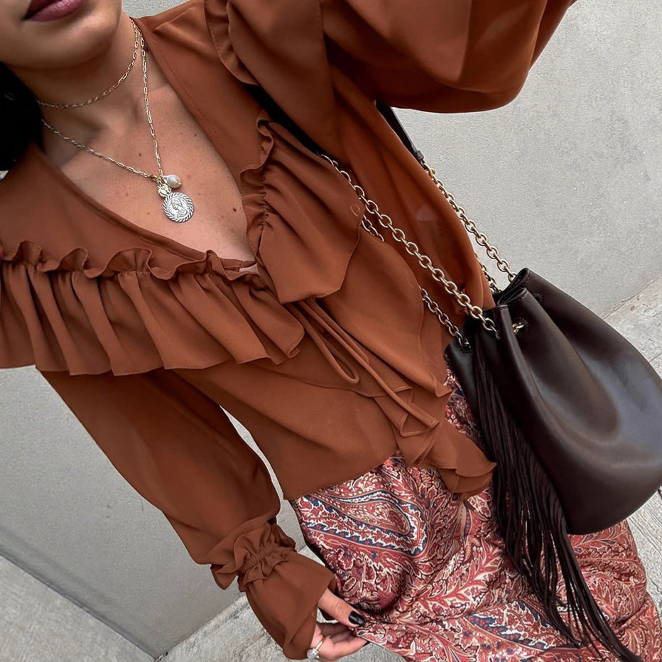 Autumn European And American Design Sense V-neck Flounce Lace-up Loose Chiffon Shirt