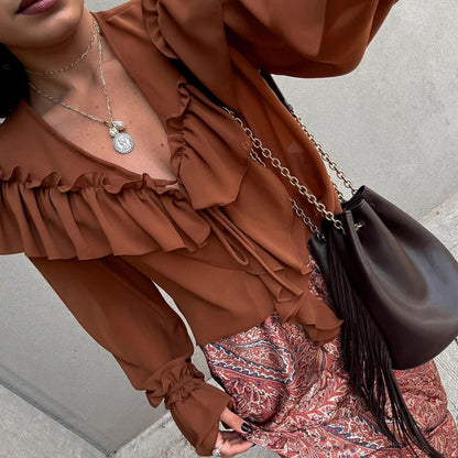 Autumn European And American Design Sense V-neck Flounce Lace-up Loose Chiffon Shirt
