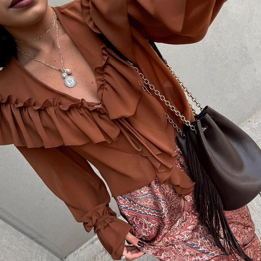 Autumn European And American Design Sense V-neck Flounce Lace-up Loose Chiffon Shirt