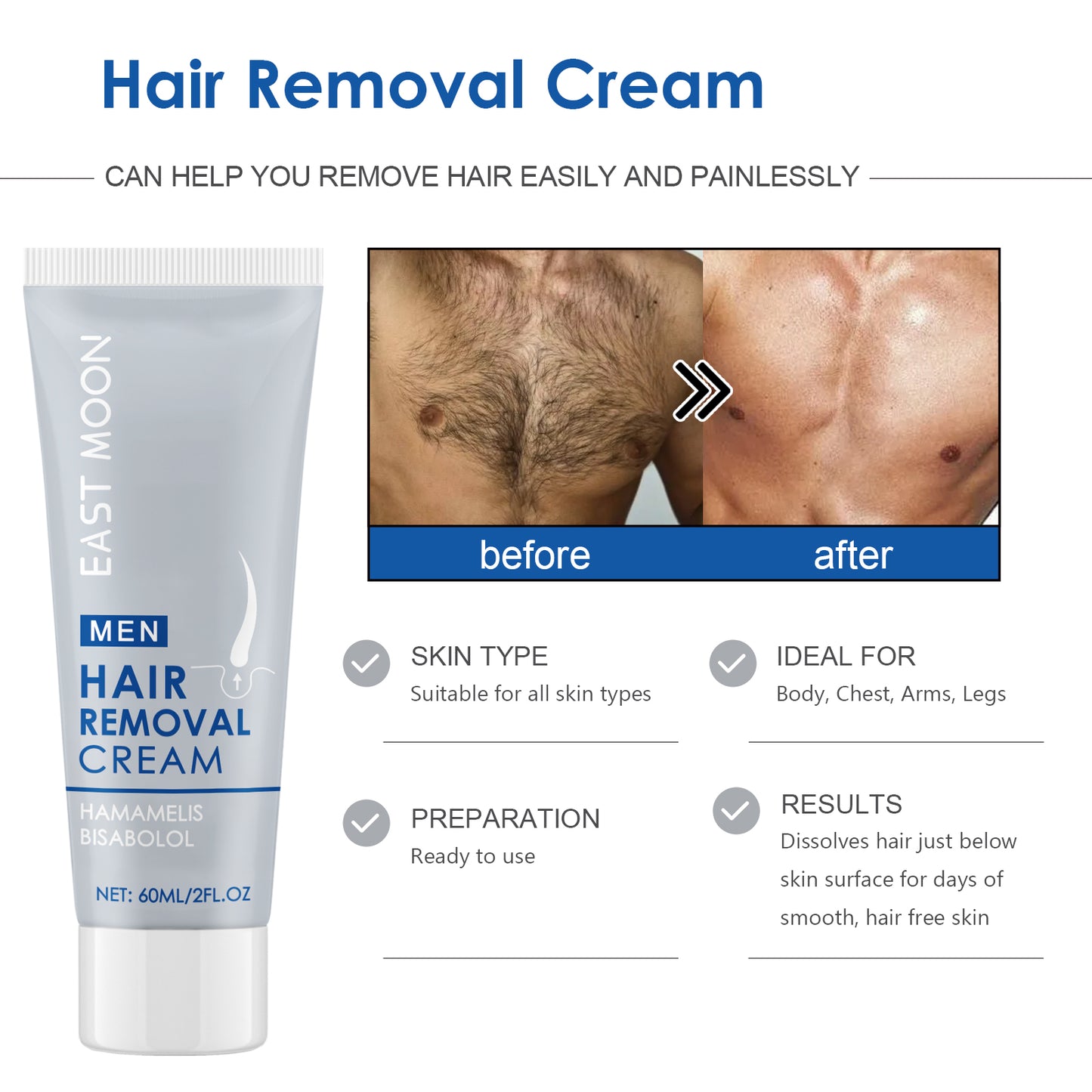 East Moon Hair Removal Cream, For Men Men's Underarm Arm And Leg Hair Gentle Non-Irritating Cleaning Hair Removal Cream