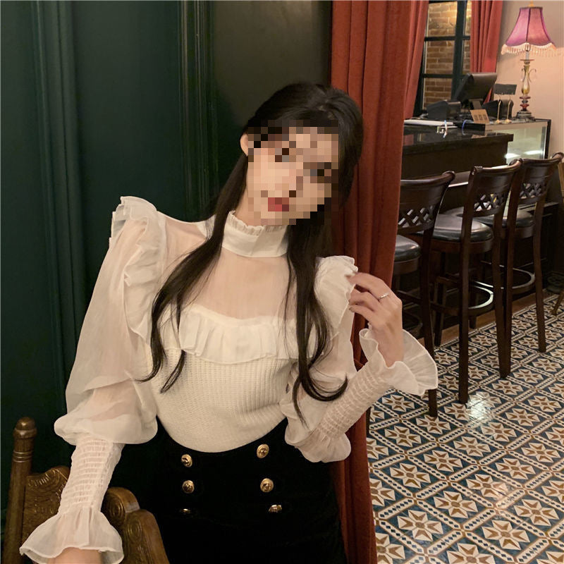 Sweet Elegant Chiffon Patchwork Puff Sleeve Shirt For Women