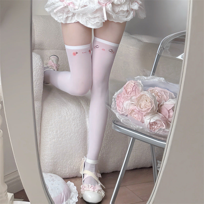 White Coquette Thigh High Socks, Cute Cherry Embroidery Over The Knee Stockings, Sweet Lolita Aesthetic Legwear For Women