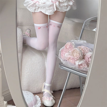 White Coquette Thigh High Socks, Cute Cherry Embroidery Over The Knee Stockings, Sweet Lolita Aesthetic Legwear For Women
