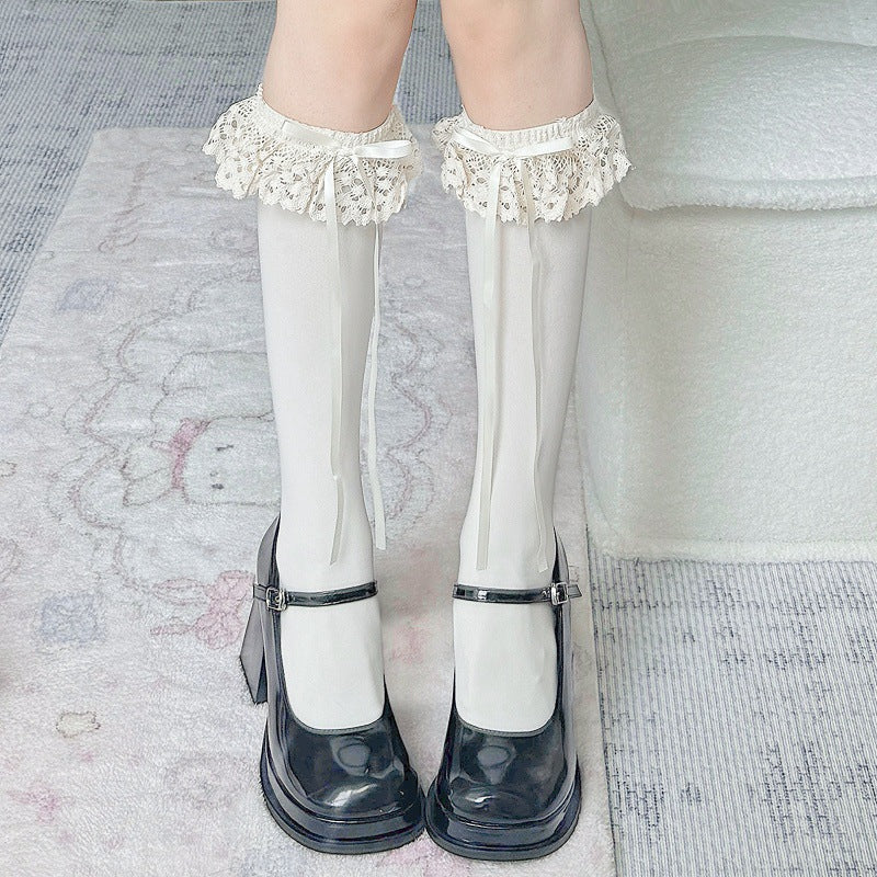 Lace Trim Calf Socks, Japanese Style Lolita Socks For Women, Thin White Slouch Socks For Autumn, Bowknot Mid-Calf Socks