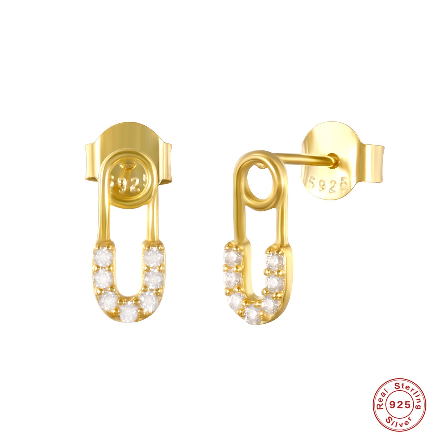 S925 Sterling Silver Personalized Pin Stud Earrings With Diamonds Safety Pin