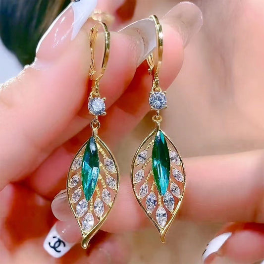 Shining Zircon Green Leaves Ear Clip Trendy Elegant Earrings