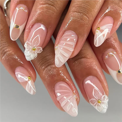 Almond Type Fake Nails Simple White Three-dimensional Water Ripple