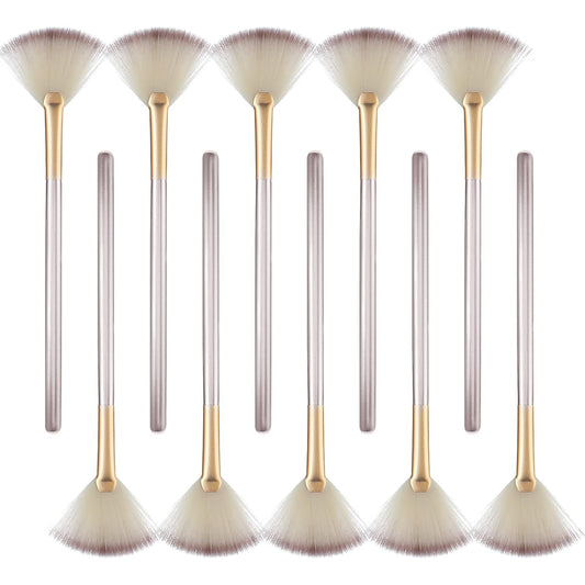 10 Professional Soft Facial Fan Brushes For Mask Mud Cream, Glycolic Peel & Makeup Application - Esthetician Tools With Champagne Finish