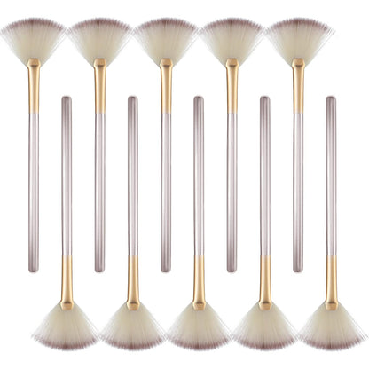 10 Professional Soft Facial Fan Brushes For Mask Mud Cream, Glycolic Peel & Makeup Application - Esthetician Tools With Champagne Finish