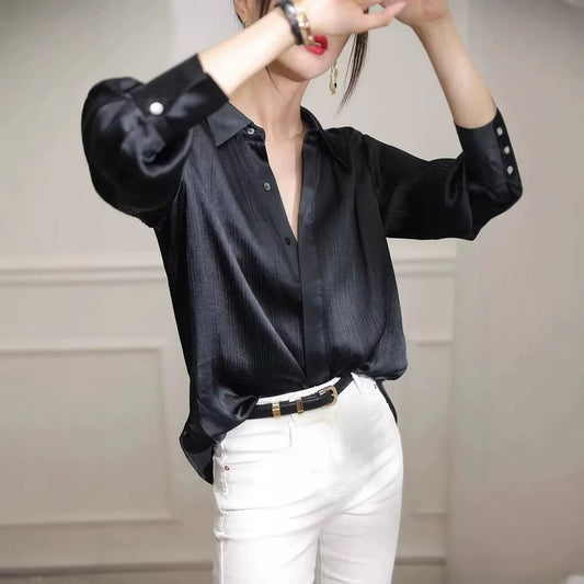 Solid Color Temperament Spring And Autumn Shirt Women Loose Copper Ammonia Silk Top