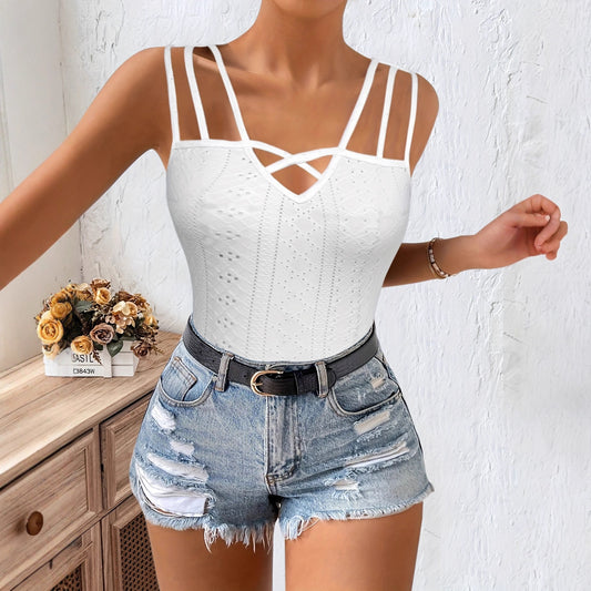 Mesh Embroidery Three-strap Solid-color Camisole Top With Cutout Design