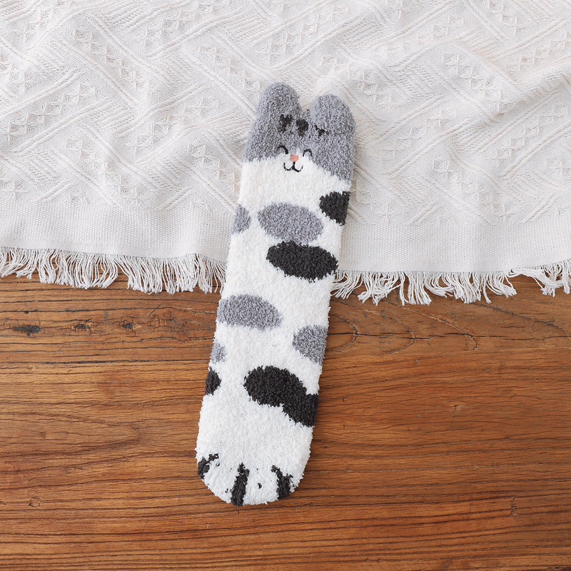 Coral Fleece Socks Women's Thick Warm Winter Sleep Long Japanese Cute Cartoon Embroidered Mid-calf Cat's Paw Socks