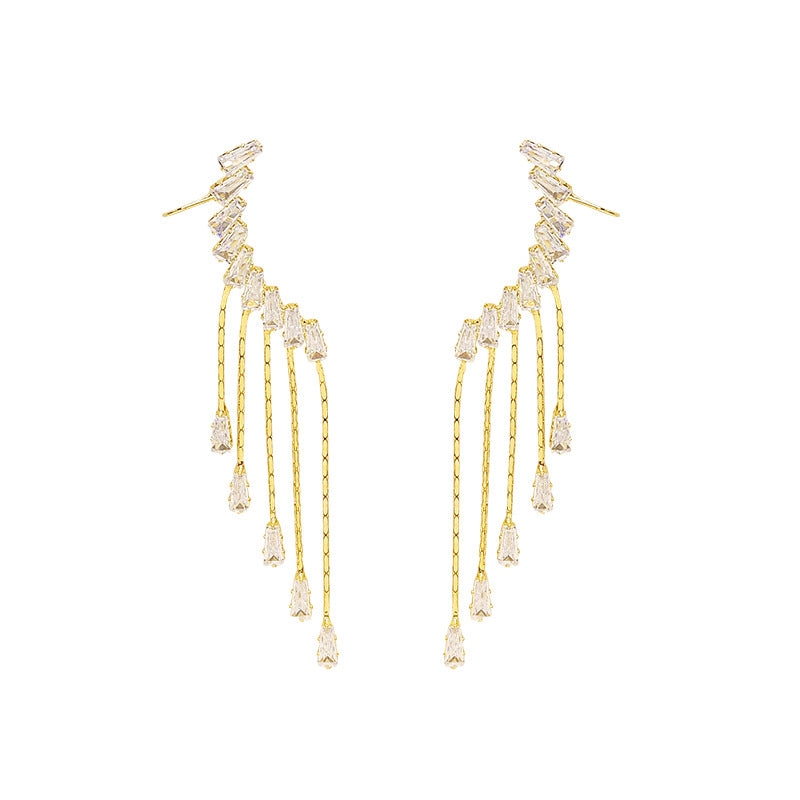 Exaggerated And Personalized Ear Clip Tassel Rhinestone Earrings