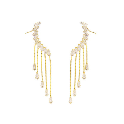 Exaggerated And Personalized Ear Clip Tassel Rhinestone Earrings