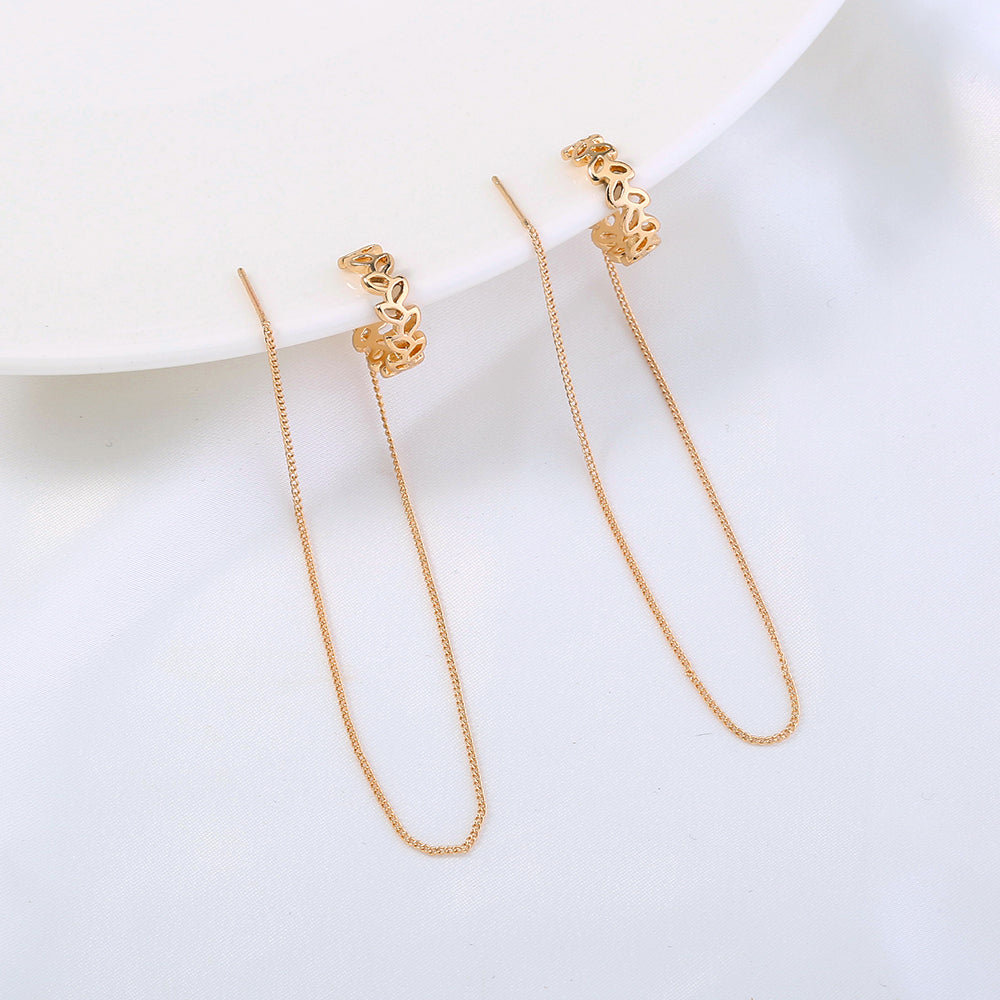 Gold Long Copper C-shaped Hollow Leaf Ear Clip Ear Wire Earrings