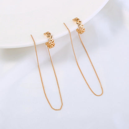 Gold Long Copper C-shaped Hollow Leaf Ear Clip Ear Wire Earrings