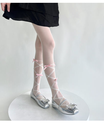 Balletcore Sheer Knee High Socks With Bows, Cute Pearl Lace-Up Calf Stockings, Coquette Aesthetic Legwear For Women