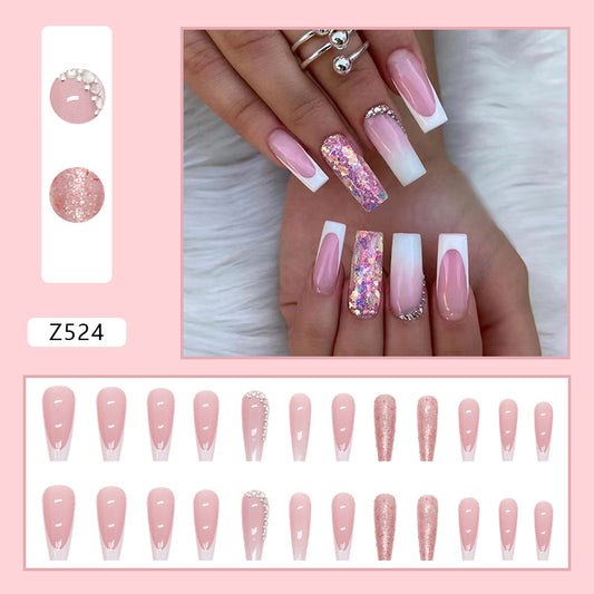 Women's Fashion Simple French Gradient Length Pile Rhinestone Fake Nails