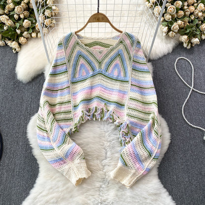 Short Tassel Cropped Thai Sweater Long Sleeve Blouse