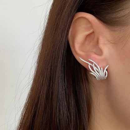 Fashion Feather Ear Clip Inlaid Zircon Earrings