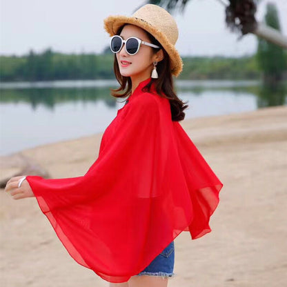 Solid Color Ventilation Shawl Button Chiffon Sunscreen Women's Fashion