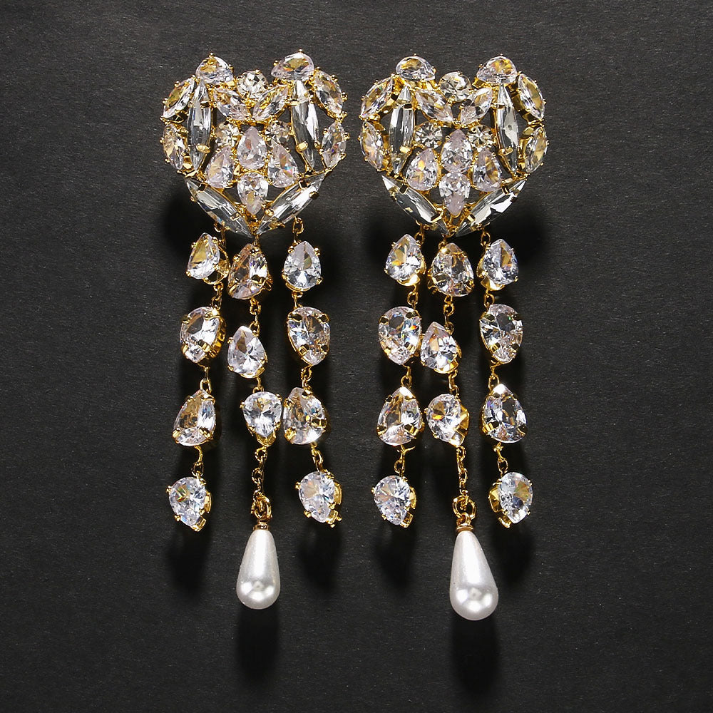 Heart Shape Ear Clip Pendant Tassel Rhinestone Earrings