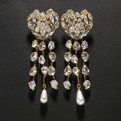 Heart Shape Ear Clip Pendant Tassel Rhinestone Earrings