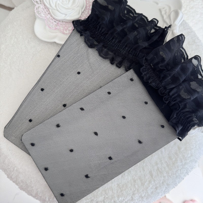 Summer Ultra-Thin Sheer Thigh High Stockings For Women, Lolita Cute Polka Dot Over-the-Knee Socks With Lace Trim