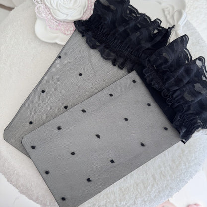 Summer Ultra-Thin Sheer Thigh High Stockings For Women, Lolita Cute Polka Dot Over-the-Knee Socks With Lace Trim
