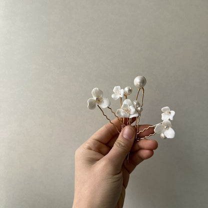 Ceramic Flower Pearl Embellished Bridal Hairpin Hair Plug Simple Hair Accessories
