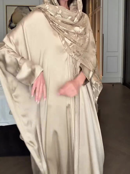 Light Beige Satin Floral Jacquard Pleated Longline Kimono Cardigan