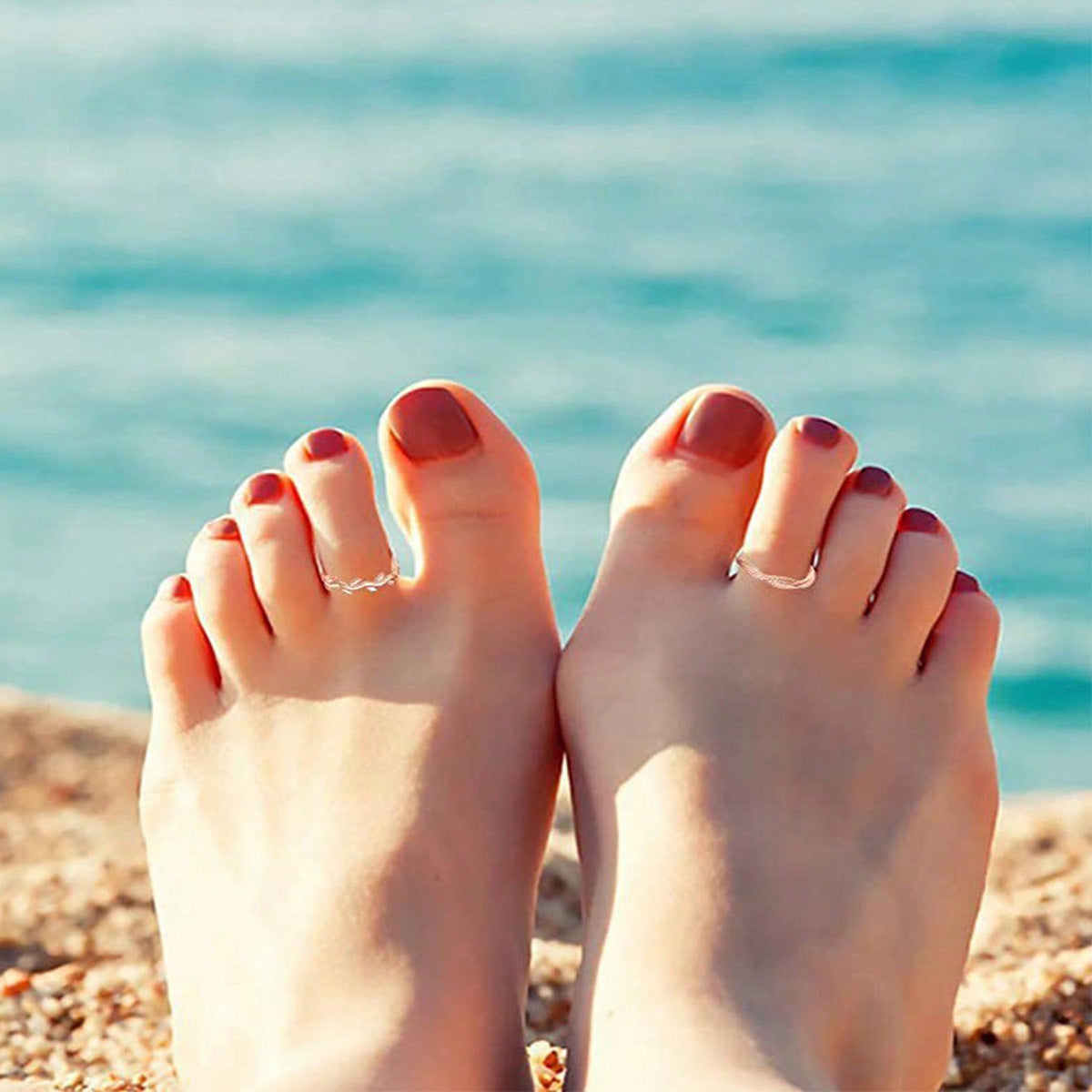 Beach Toe Ring With Adjustable Band, Featuring Heart And Leaf Designs