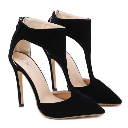 Sexy hollow pointed stiletto heel suede sandals