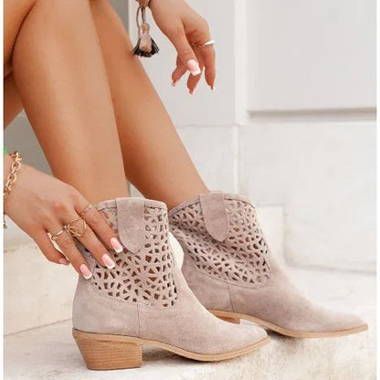 Womens Plus-Size Fashion Ankle Boots With Hollowed-Out Design And Chunky Heel