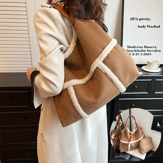2pcs Women Plush Totes Casual Large-capacity Suede Handbag Winter Bags