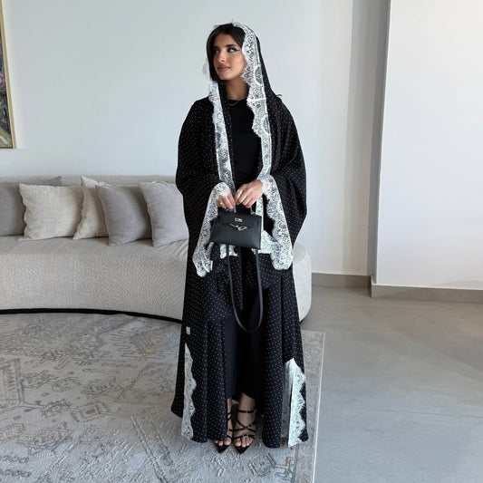 Summer New Sweet Lace Trim Polka Dot Printed Robe Cardigan With Headscarf