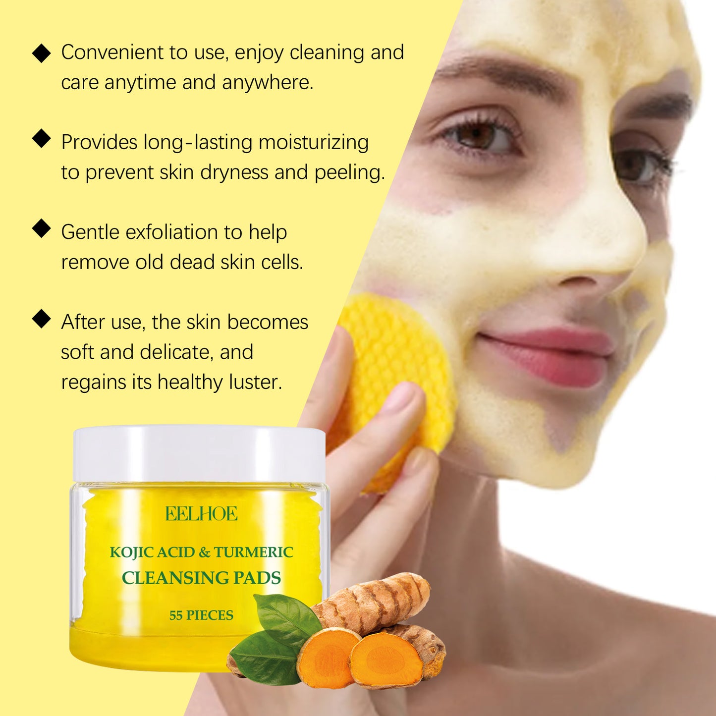 EELHOE Turmeric Cleansing Pad Gently Cleanses Face, Brightens And Nourishes Skin, Refreshing Skin Care Cleansing Pad