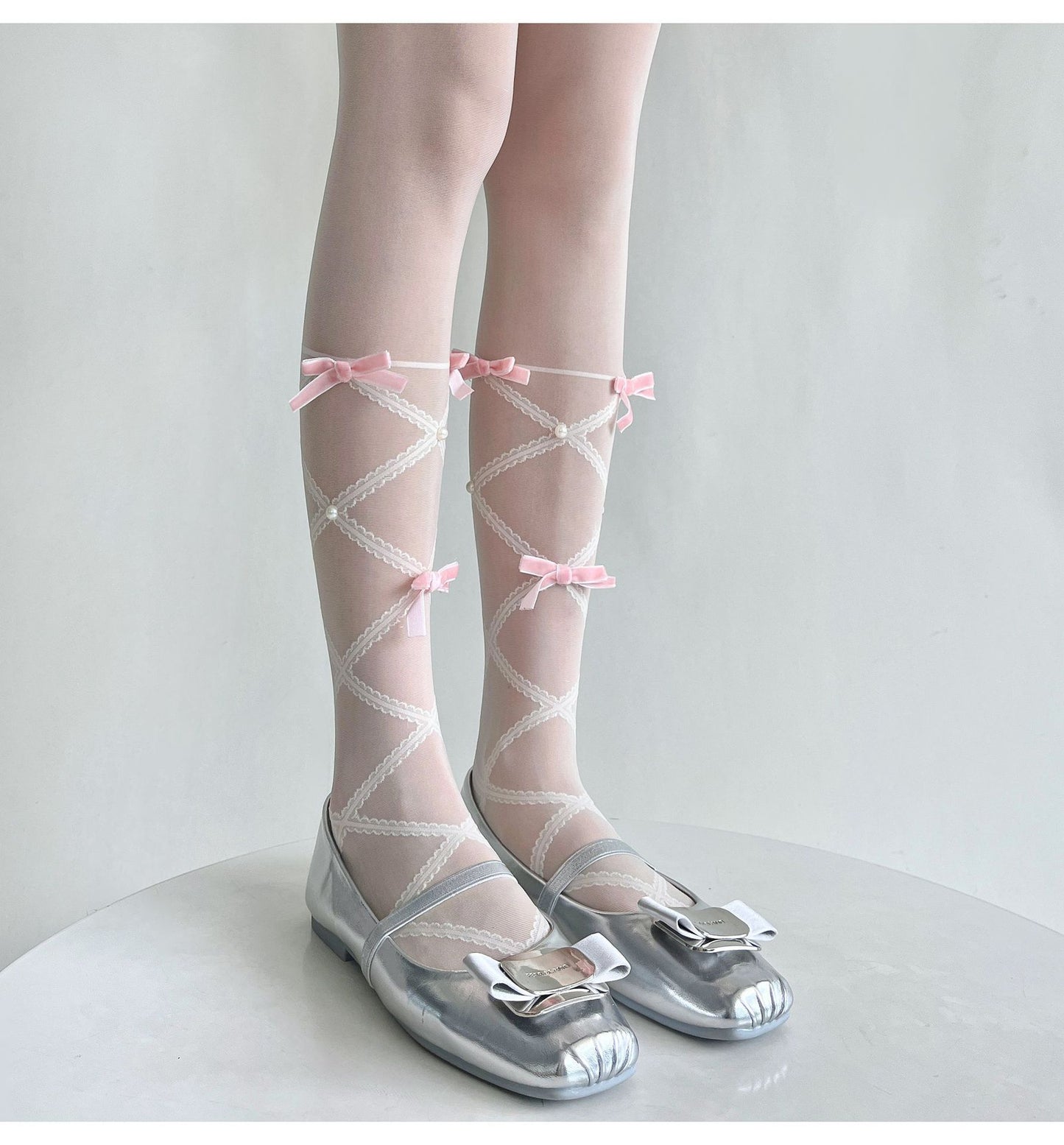 Balletcore Sheer Knee High Socks With Bows, Cute Pearl Lace-Up Calf Stockings, Coquette Aesthetic Legwear For Women