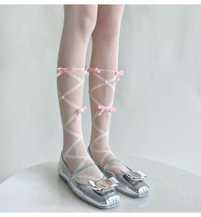 Balletcore Sheer Knee High Socks With Bows, Cute Pearl Lace-Up Calf Stockings, Coquette Aesthetic Legwear For Women