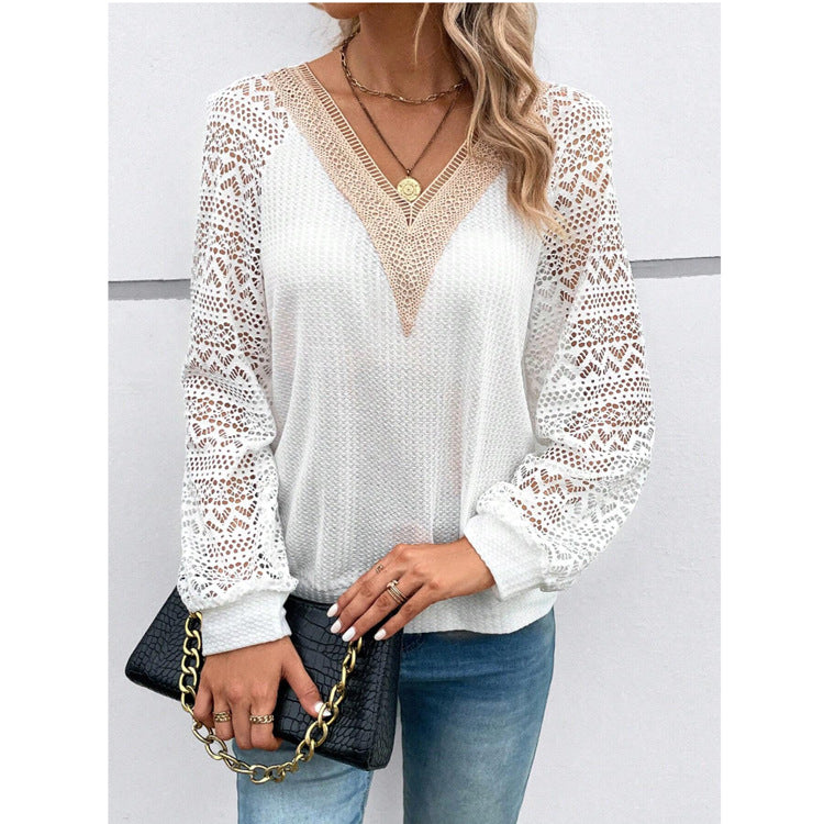 V-neck Stitching Hollow Out Lace See-through Casual T-shirt