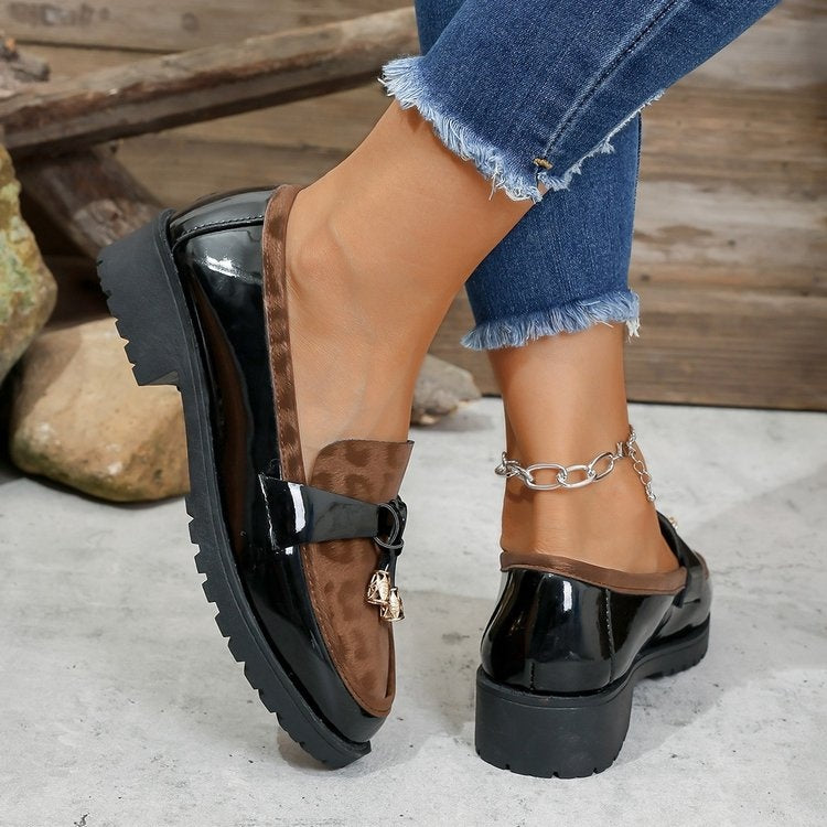 New 2025 Autumn Winter Korean Style Mid-Heel Retro Leopard Print Buckle Loafers, Lightweight Height-Increasing Non-Slip Casual Shoes
