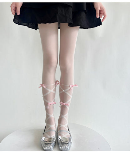Balletcore Sheer Knee High Socks With Bows, Cute Pearl Lace-Up Calf Stockings, Coquette Aesthetic Legwear For Women