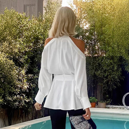 Elegant White Chiffon Halter Top For Commuting Womens Style