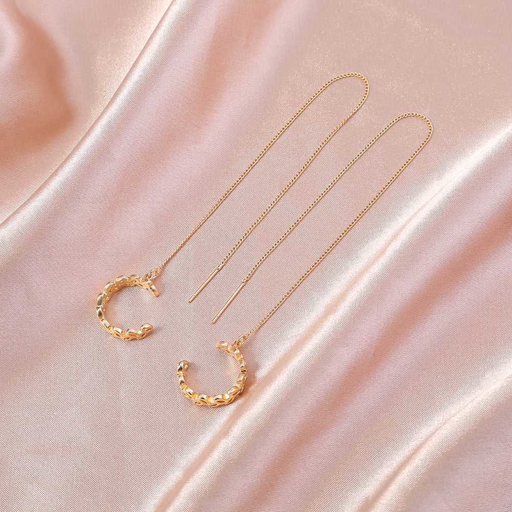 Gold Long Copper C-shaped Hollow Leaf Ear Clip Ear Wire Earrings